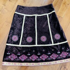 Embroidered Velvet Mini Skirt in Dark Brown with Pink Accents
